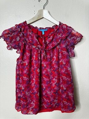 Draper James Floral Ruffle Blouse Women’s Small Red Flutter Sleeve Romantic Top